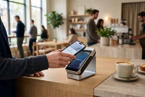 Person holding a smartphone over a payment terminal at a wooden counter, with a coffee cup nearby