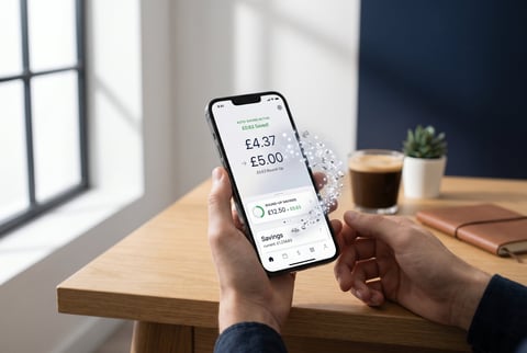 Person holding smartphone displaying £4.37 and £5.00 amounts on a wooden table with coffee and plant