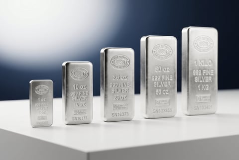 Six silver bullion bars of increasing size arranged in a row, showing weight markings from 1oz to 1kg