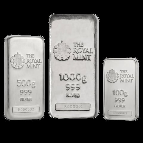 Three Royal Mint silver bars in different sizes: 500g, 1000g, and 100g, each marked 999 silver purity